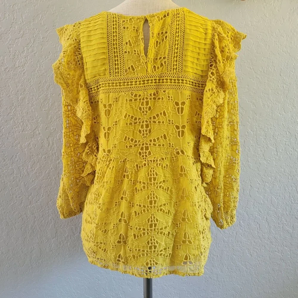 Anthropologie Maeve Clementine Eyelet Peasant Blouse Size 6 Yellow Boho Ruffle